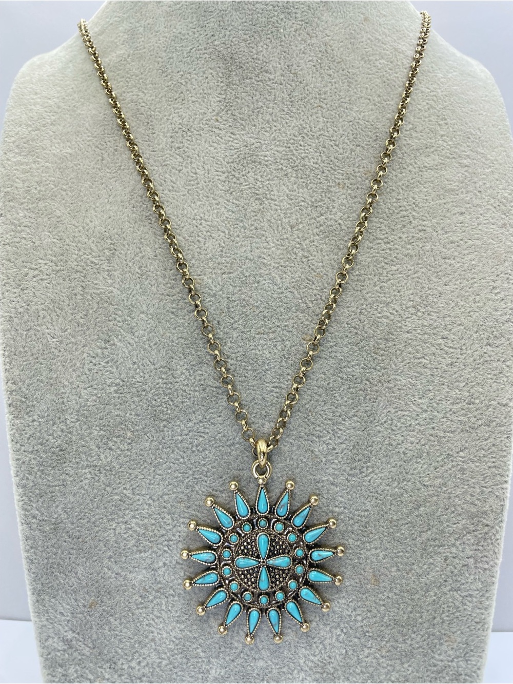 Lucky Brand Faux Turquoise Sunburst Medallion Gold Tone Pendant Necklace